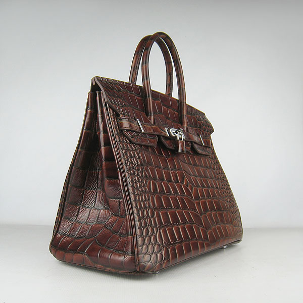 High Quality Fake Hermes Birkin 35CM Crocodile Veins Leather Bag Dark Coffee 6089
